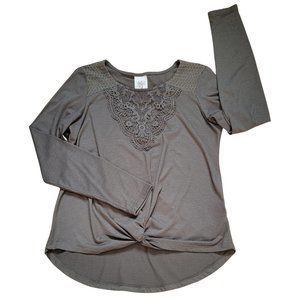 Self Esteem Women's Top Khaki Embroidered Size Small & Faux Tie at Waist (GUC)